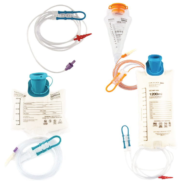 Moog Infinity enteral feeding bag administration sets with tubing and pump-compatible feeding bags